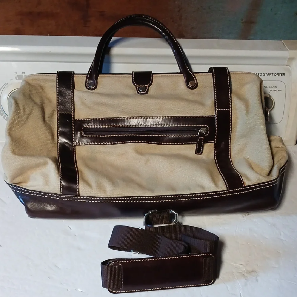 LEVENGER Canvas LEATHER Trim TOTE BAG PURSE BROWN & Tan - Picture 1 of 10